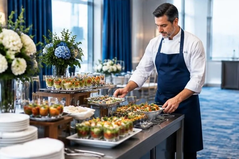 Catering team preparing food service