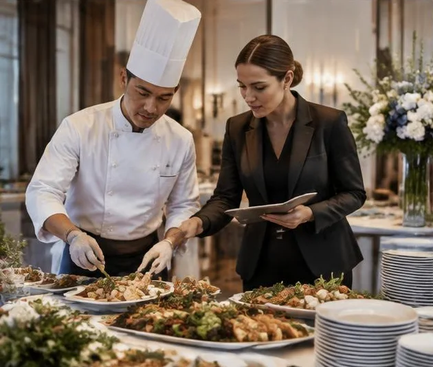 catering manager and chef preparing event service