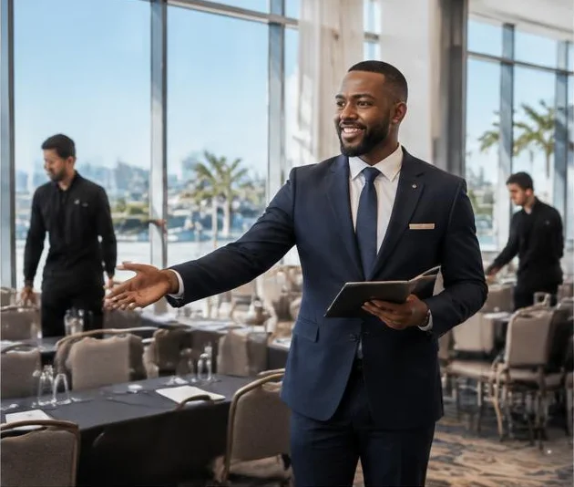 conference manager coordinating a hotel meeting room