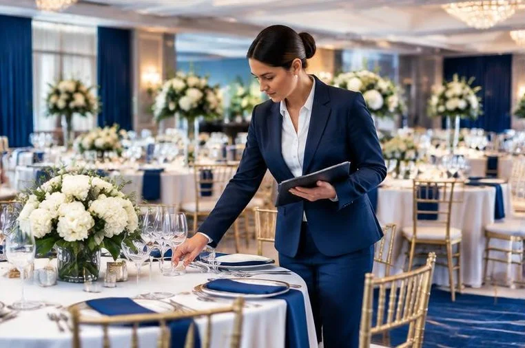 Hospitality team preparing an event space