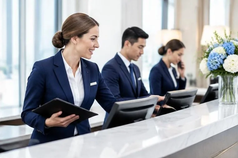 Front office team at a hotel reception desk