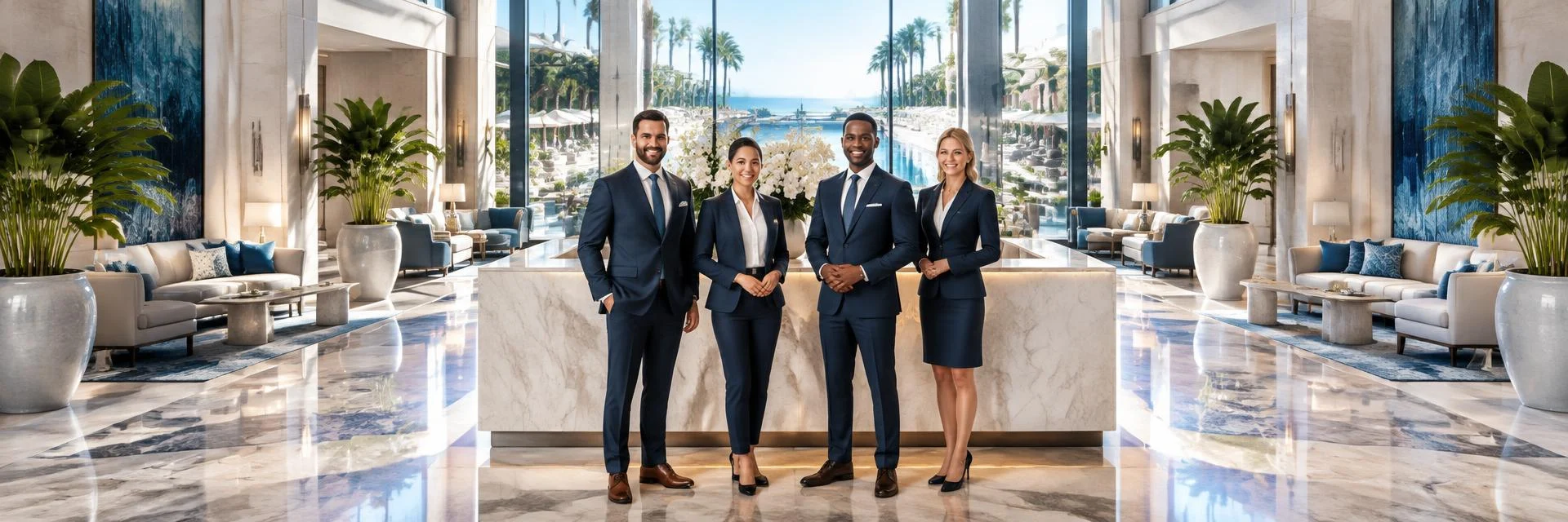 Hospitality professionals gathered in a spacious hotel lobby