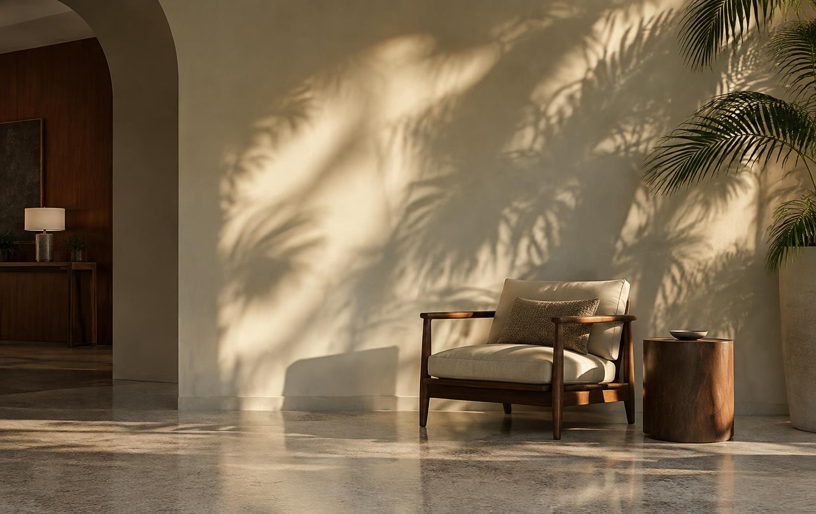 Quiet boutique hotel lobby with palm shadows on an ivory wall