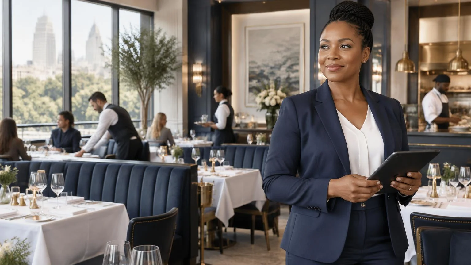 restaurant manager in a bright dining room