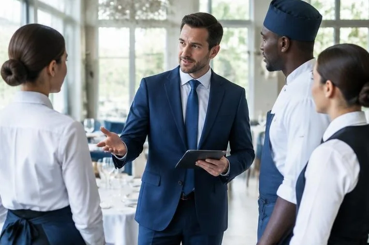 Restaurant service team in a dining room