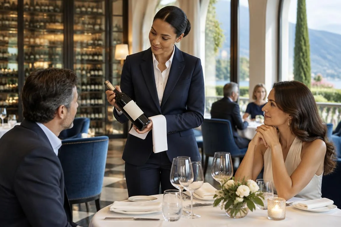 sommelier presenting wine in a refined hotel dining room